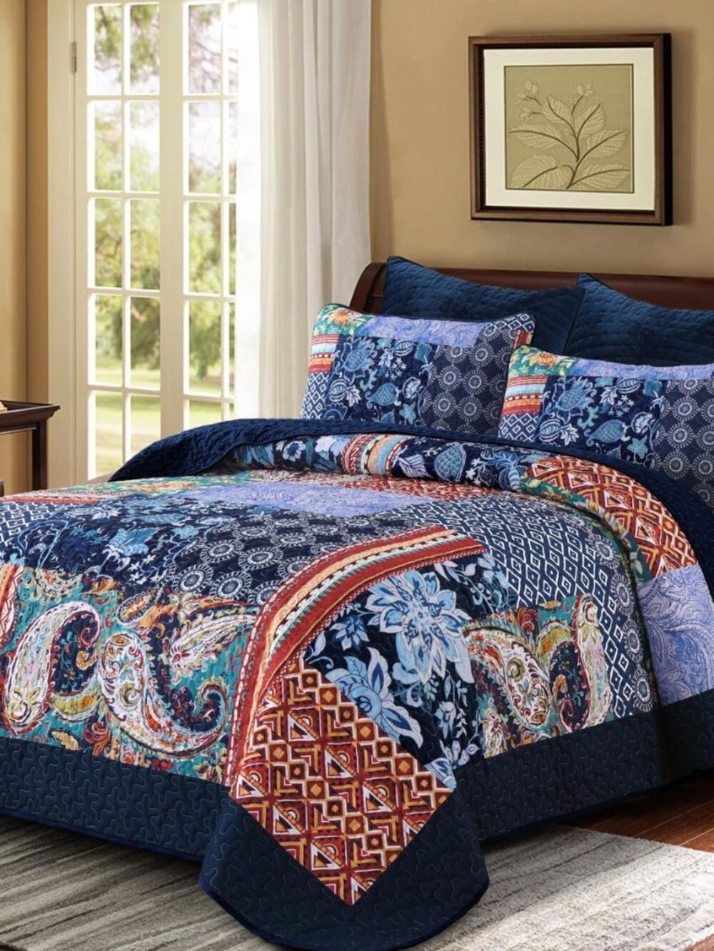 Queen Size Patchwork Quilt Set Navy Blue Boho Bedspread Coverlet